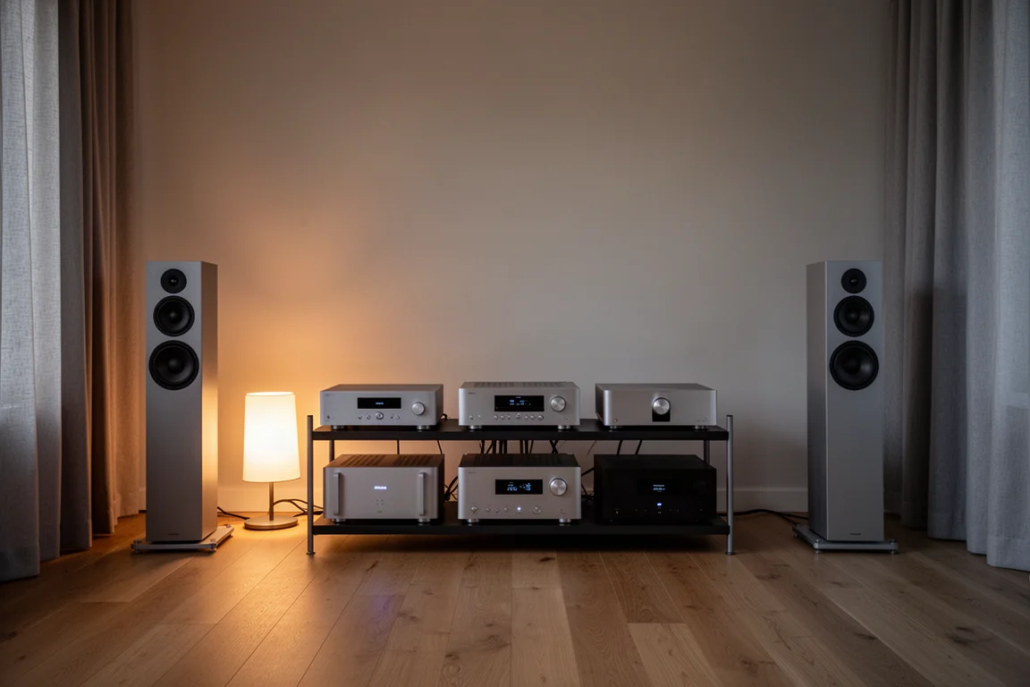 Minimalistyczny pokój odsłuchowy o zmierzchu z niskim rackiem hi-fi i smukłymi kolumnami podłogowymi
