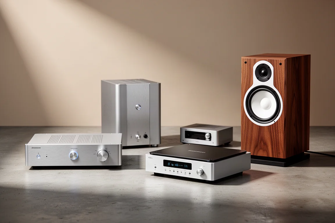High-end preamplifier, power amplifier, streamer and walnut standmount speaker on concrete