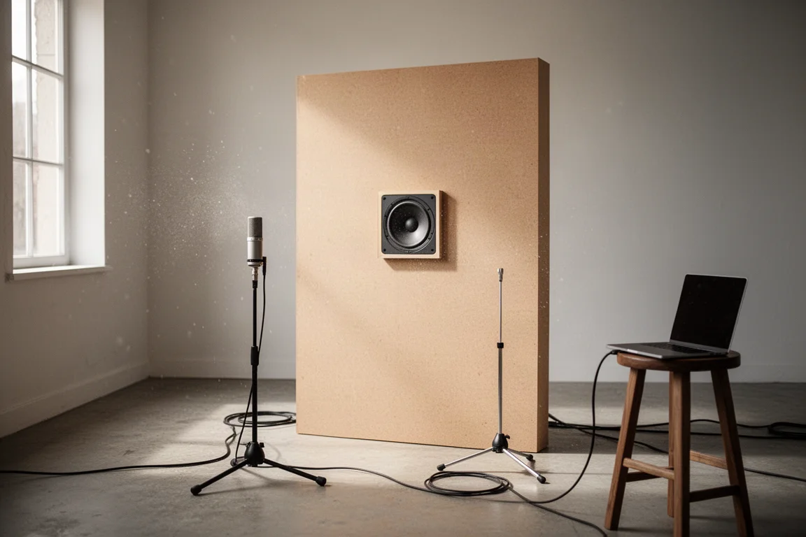 Baffle de teste em MDF com uma caixa de embutir e um microfone de medição em uma sala silenciosa