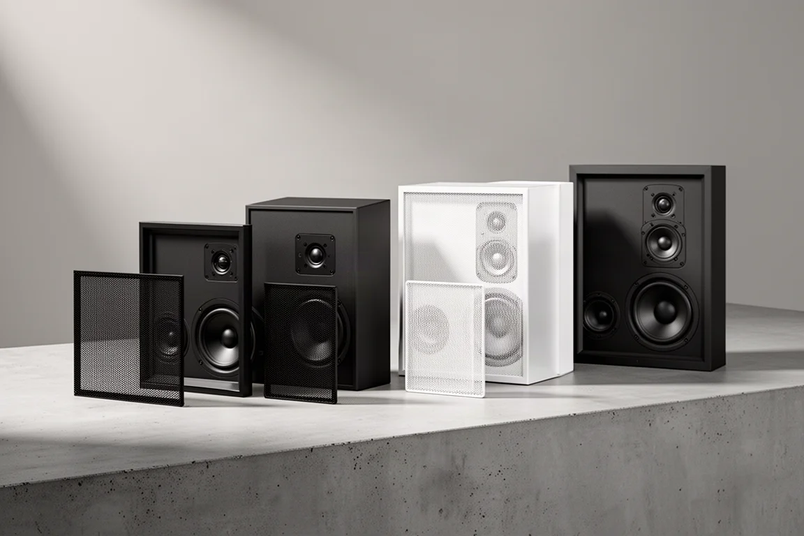 Row of in-wall speaker baffles in matte black and satin white on a concrete surface