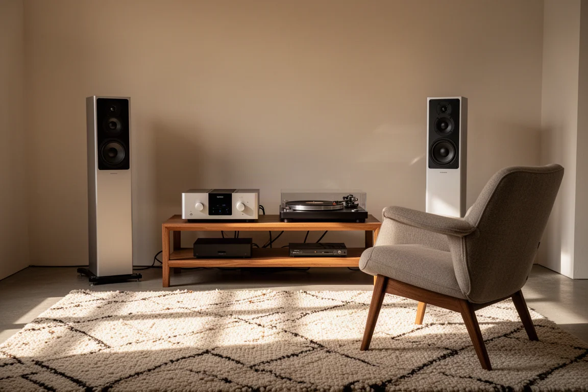 Trois amplificateurs intégrés sur des étagères séparées d'un rack hi-fi dans une pièce d'écoute
