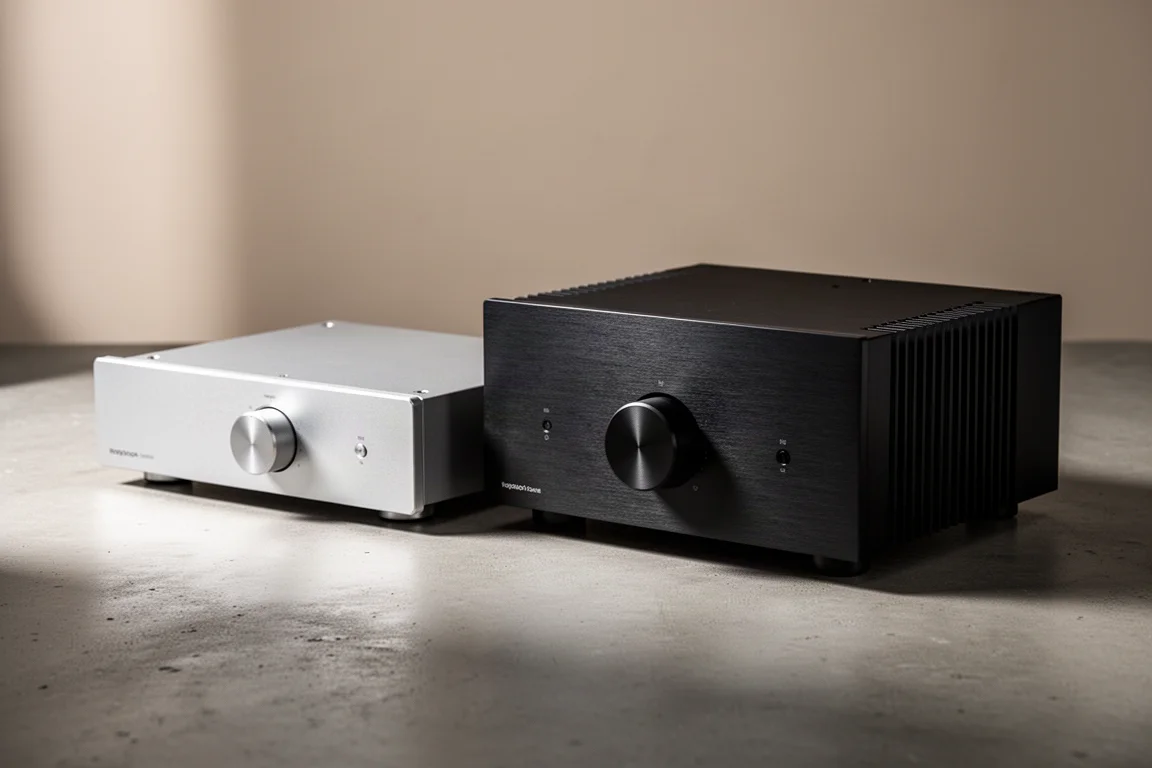 Three high-end integrated amplifiers arranged side by side on a matte concrete surface