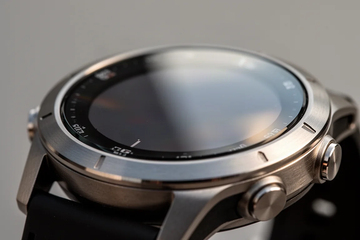 Close-up of a premium sports watch with sapphire crystal screen and titanium bezel