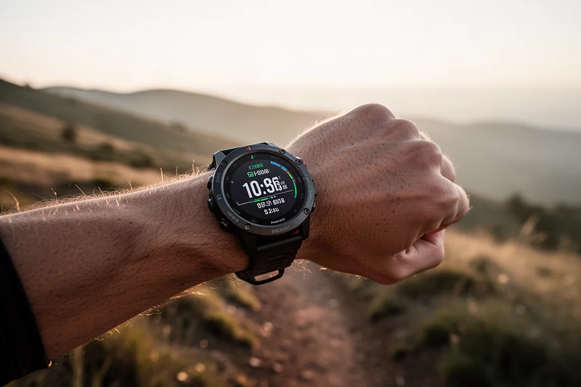 Runner checking a GPS watch on a wrist during a sunrise trail run