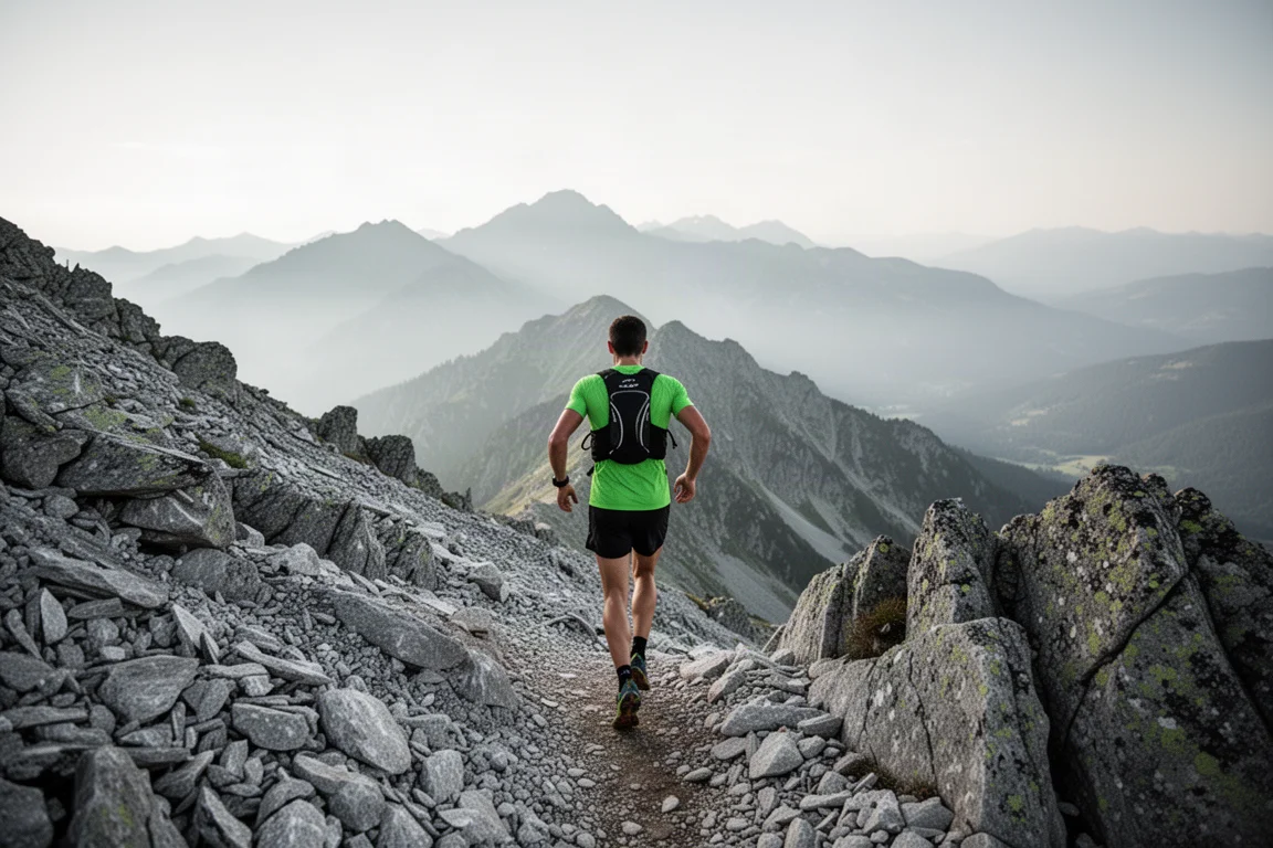 Trail runner on a rocky mountain ridge wearing a rugged GPS watch