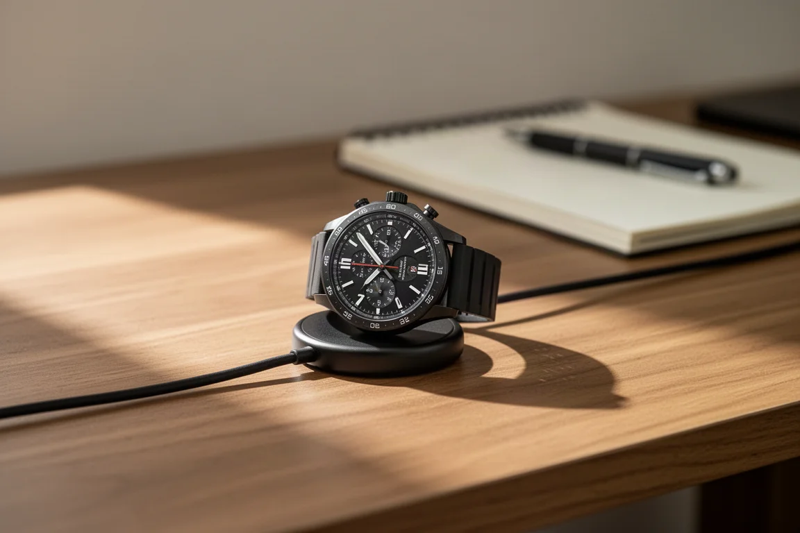 Smartwatch charging on a wooden desk beside a running logbook