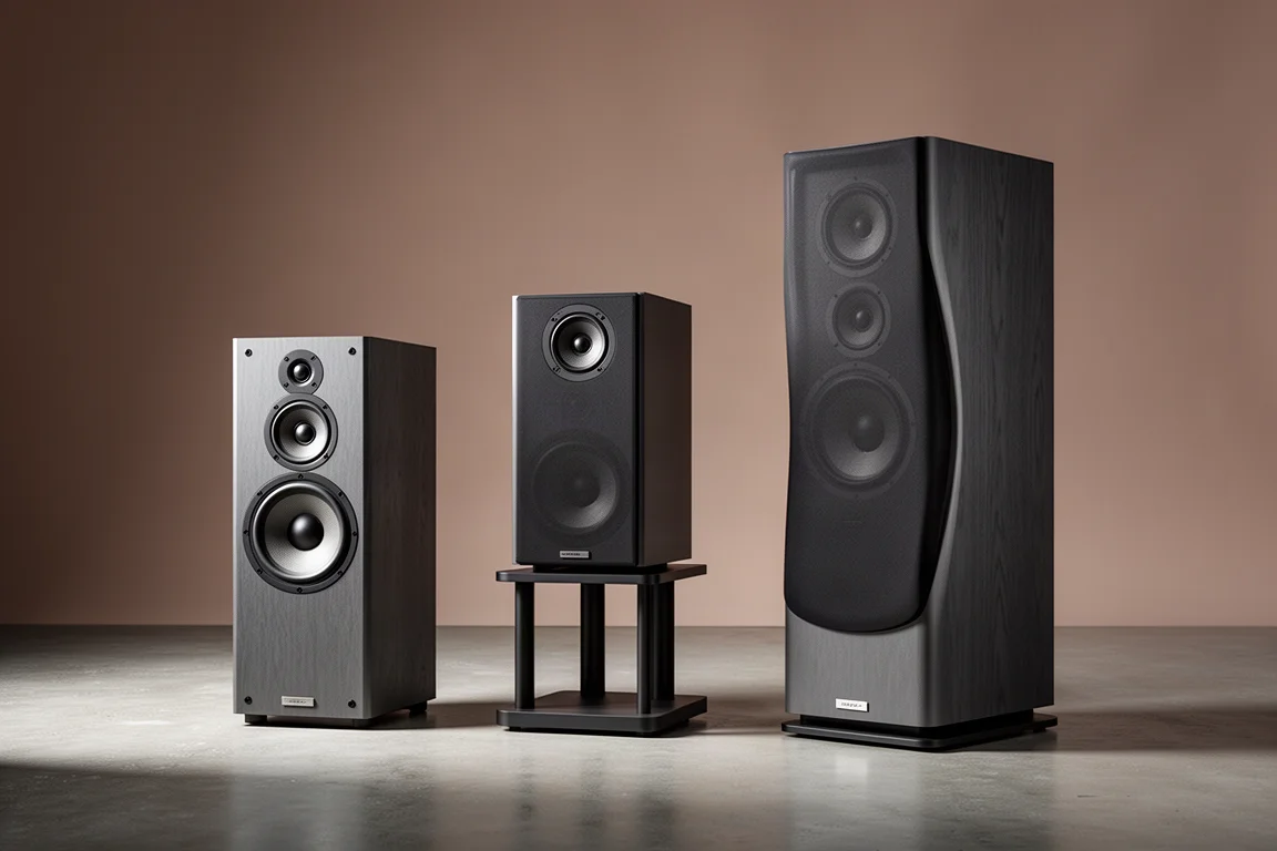 Three loudspeakers arranged in a row on a concrete floor against a warm grey backdrop