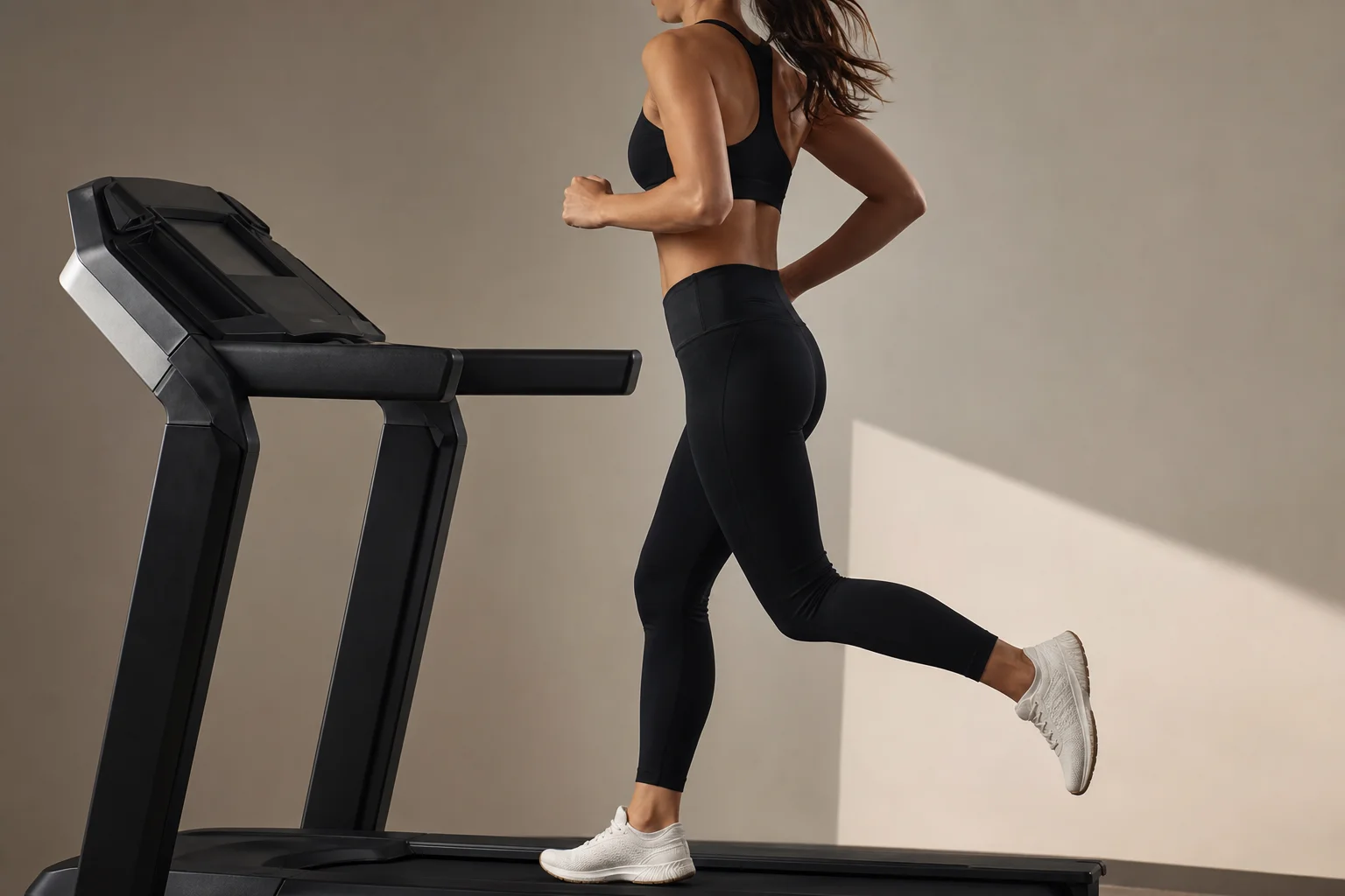 Corredora em movimento na esteira usando um sutiã esportivo de alto suporte