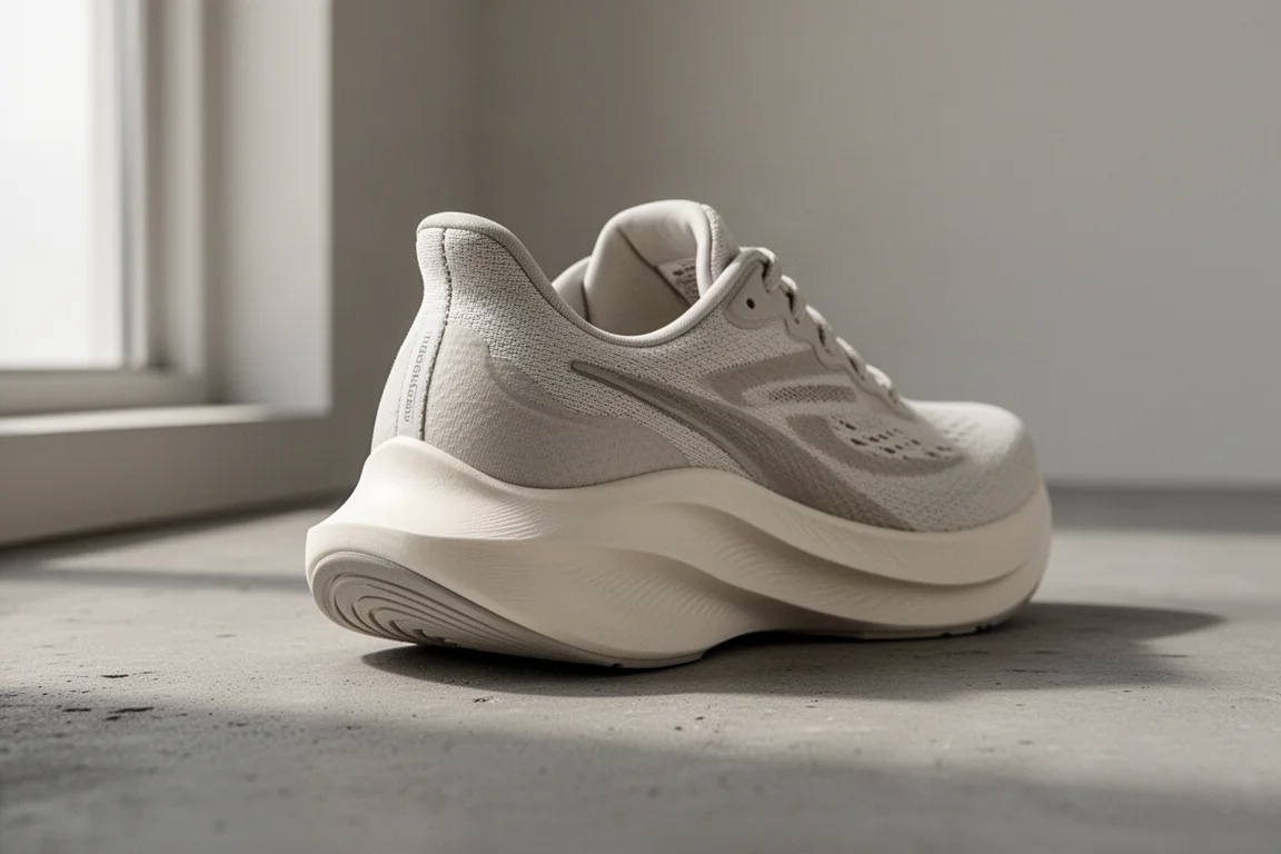 Nahaufnahme einer dick gedämpften Laufschuh-Mittelsohle mit sichtbarer Dämpfungshöhe auf Beton