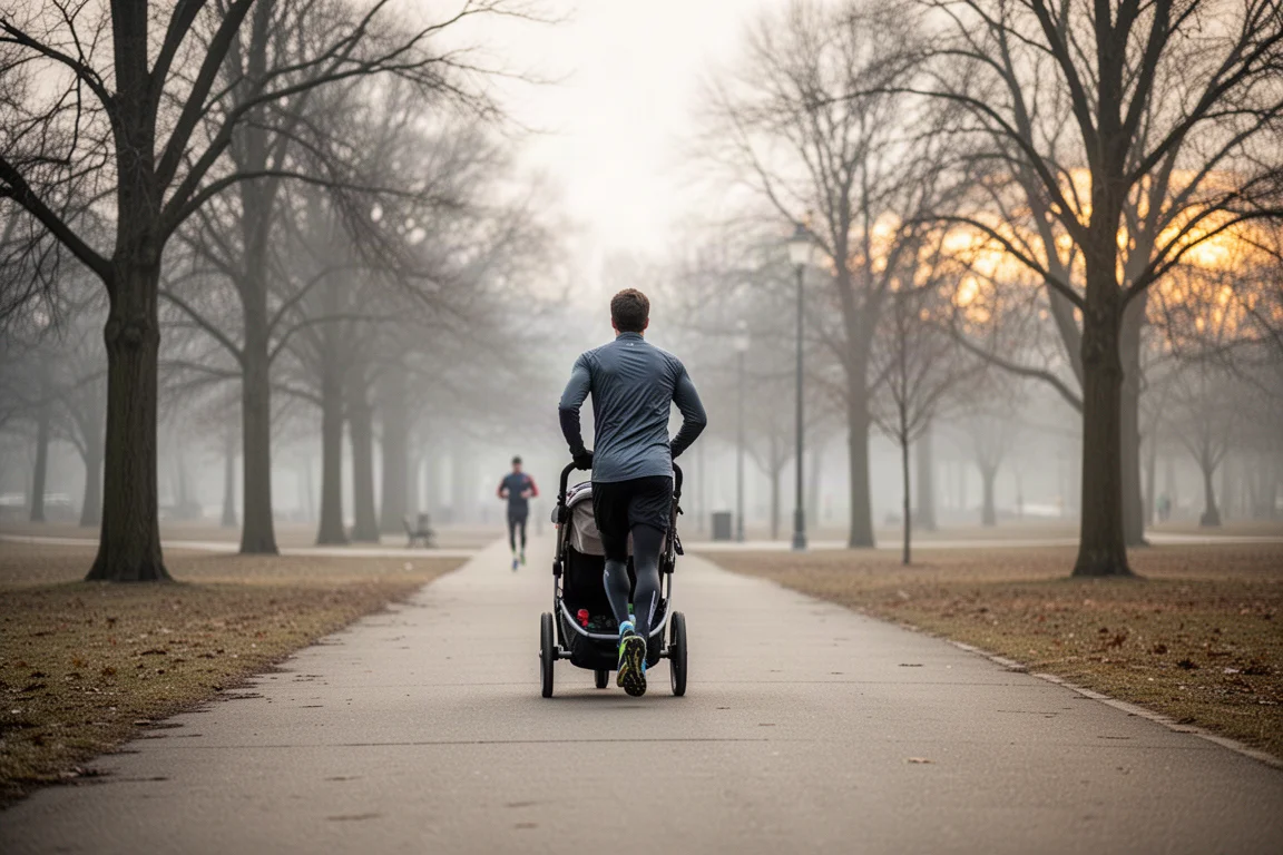 Läufer trainiert mit einem Jogging-Kinderwagen auf einem befestigten Weg in den Ferien