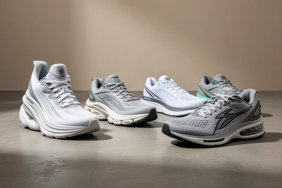 Six running shoes of varying stack heights lined up on a concrete surface