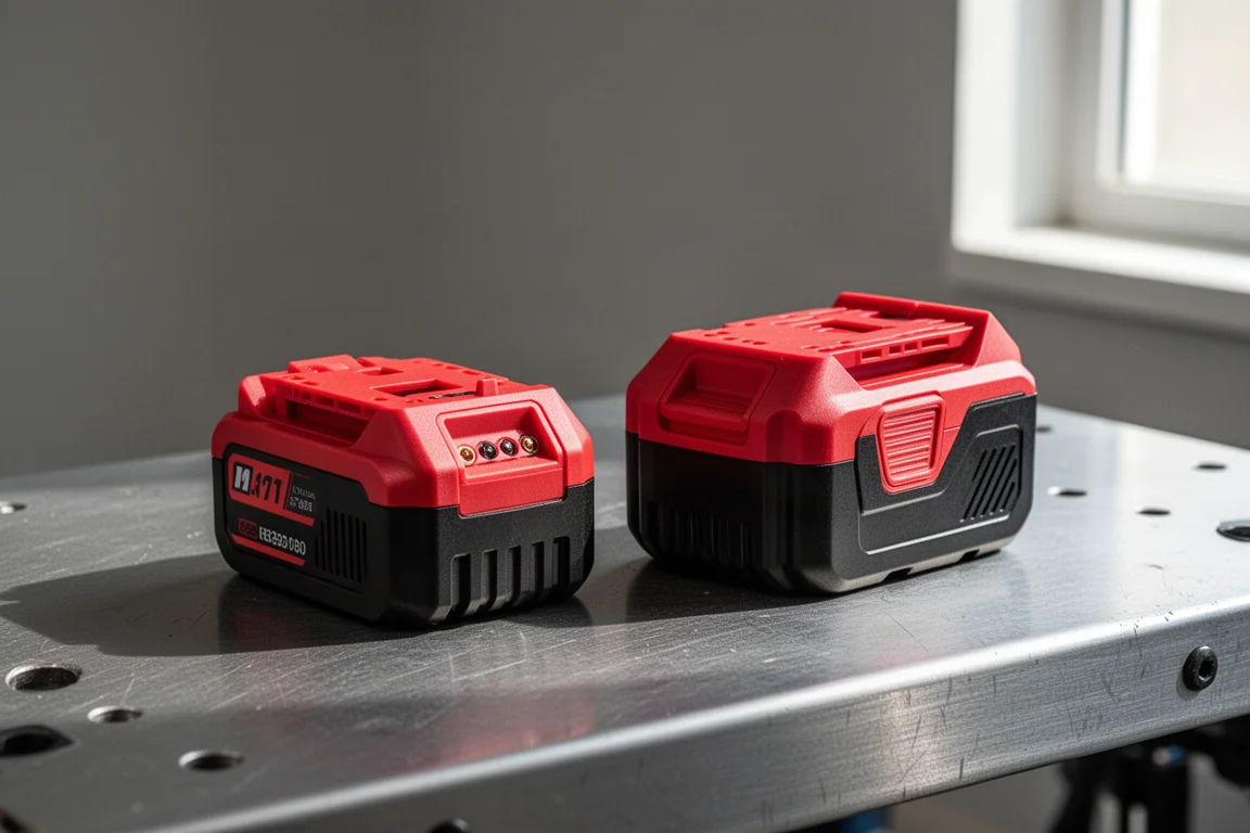 Duas baterias Milwaukee M18 lado a lado sobre uma bancada sob luz suave