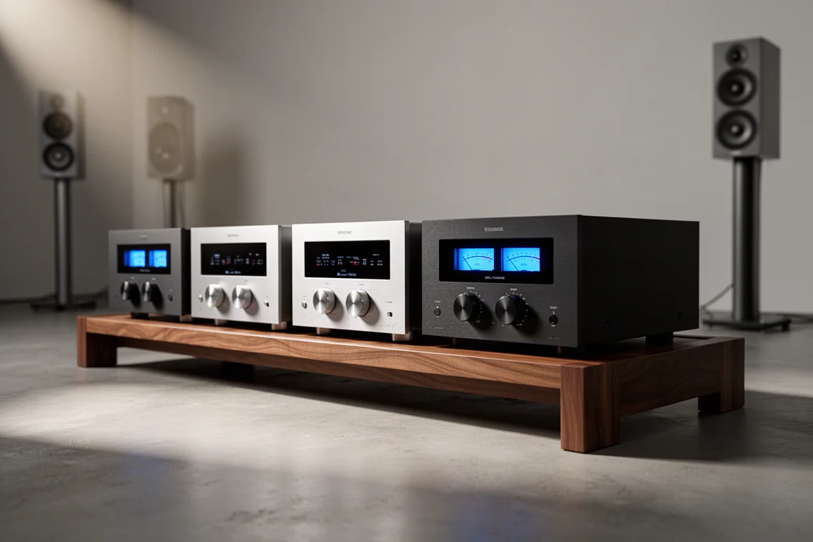 Row of full-size integrated amplifiers with glowing blue meters on a walnut hi-fi rack
