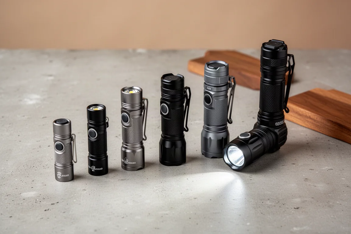 六款小型 EDC 手電筒並排陳列在混凝土表面上