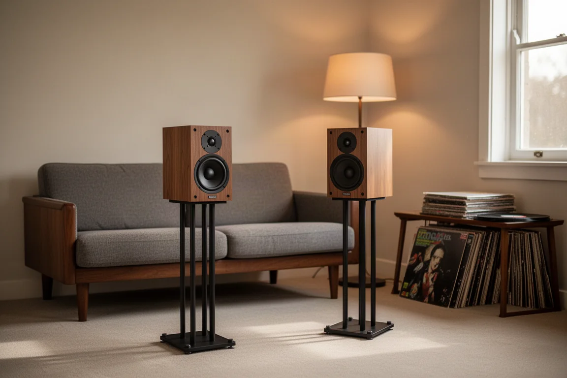 Compact floorstanding speakers on spikes in a small listening room with a low sofa