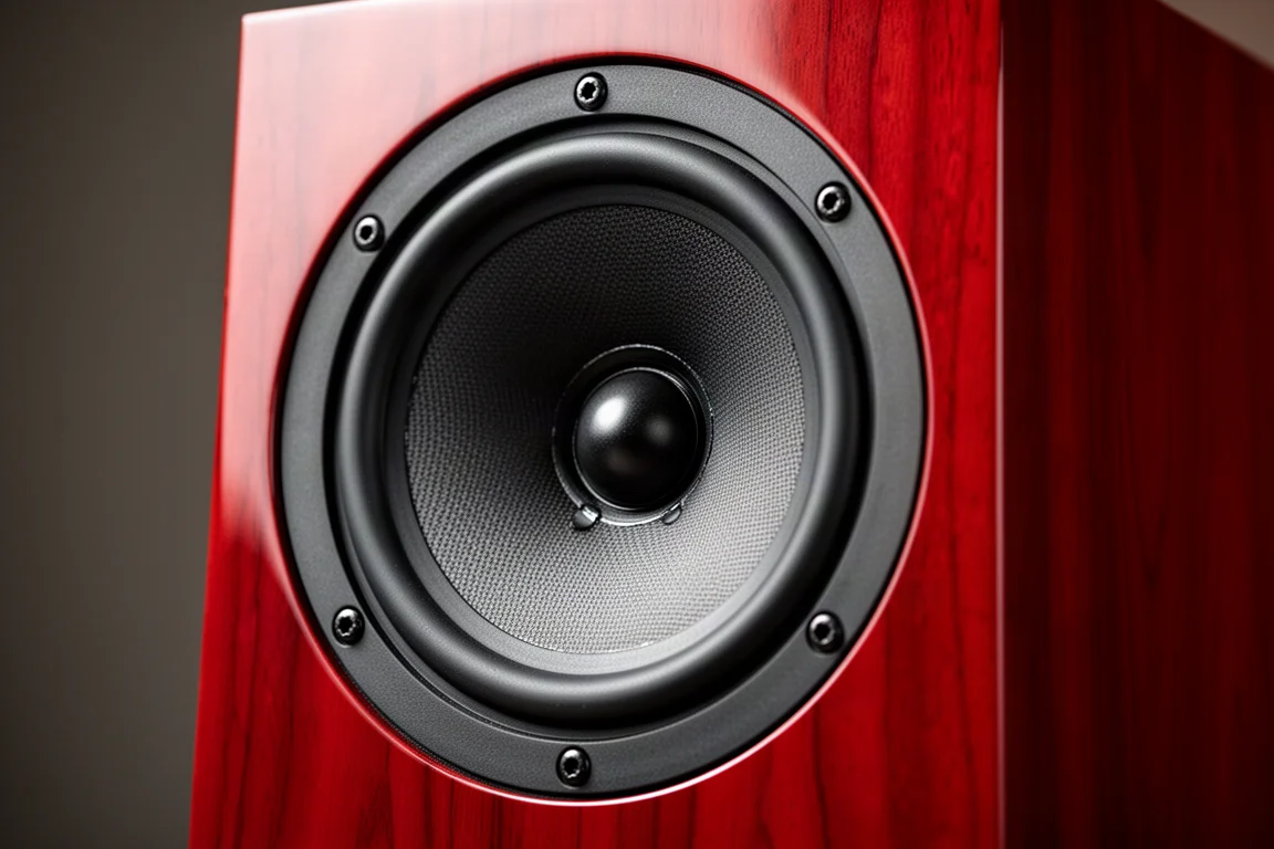 Close-up of a large speaker driver with a small tweeter centred in the middle