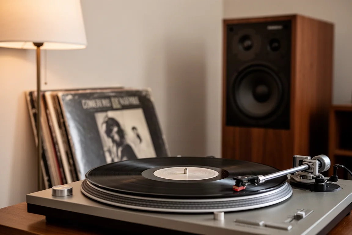 Turntable spinning a record in a warm listening room with vinyl stacked nearby