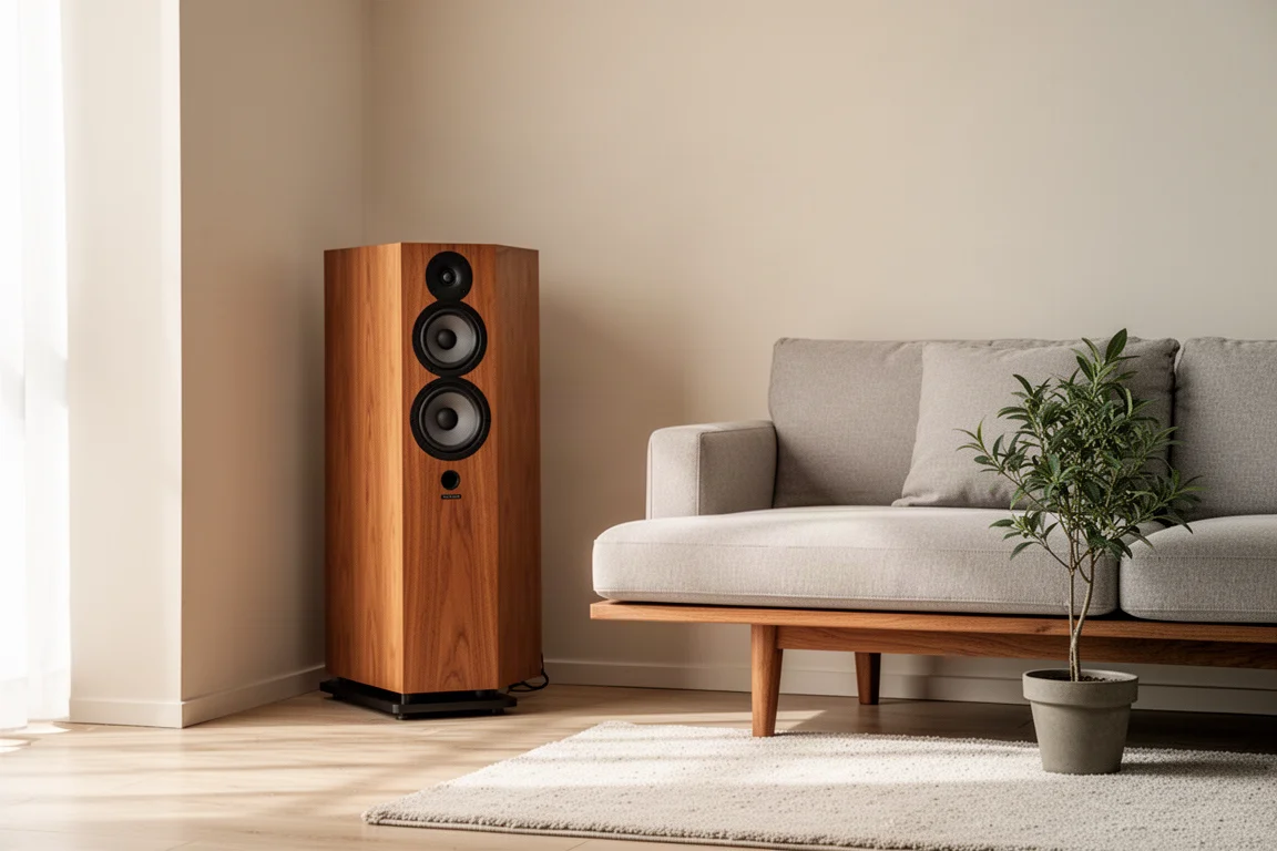 Floorstanding speaker placed near a wall beside a low sofa in a living room