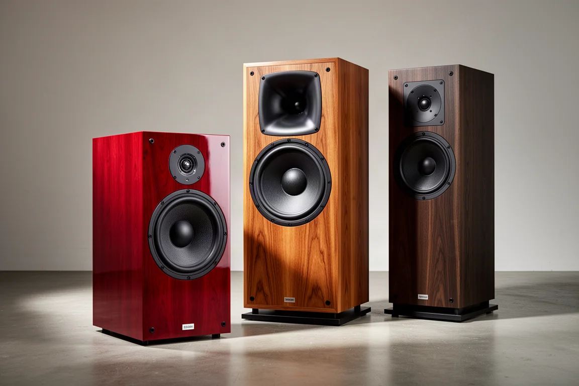 Three floorstanding speakers of different sizes on a concrete floor in soft studio light