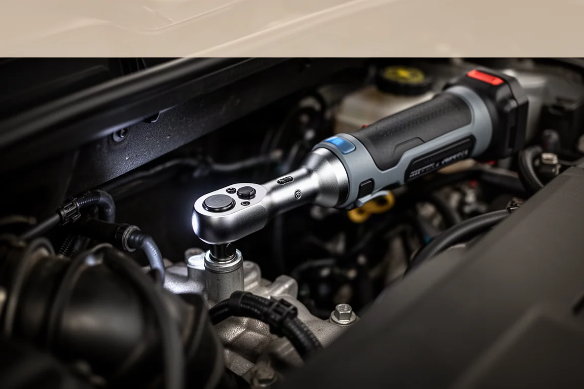 Escena estilo mecánico de un trinquete inalámbrico alcanzando una tuerca en un vano de motor estrecho