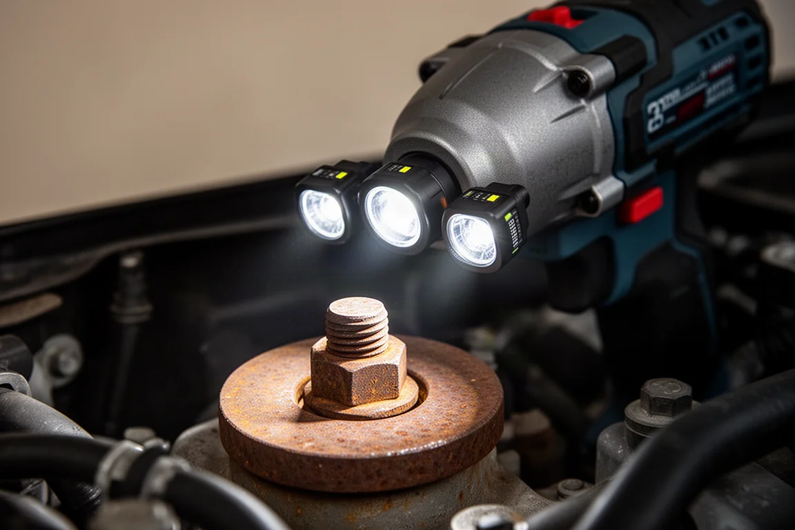 Primo piano di un LED di un avvitatore ad impatto che illumina una testa di bullone in un vano motore buio