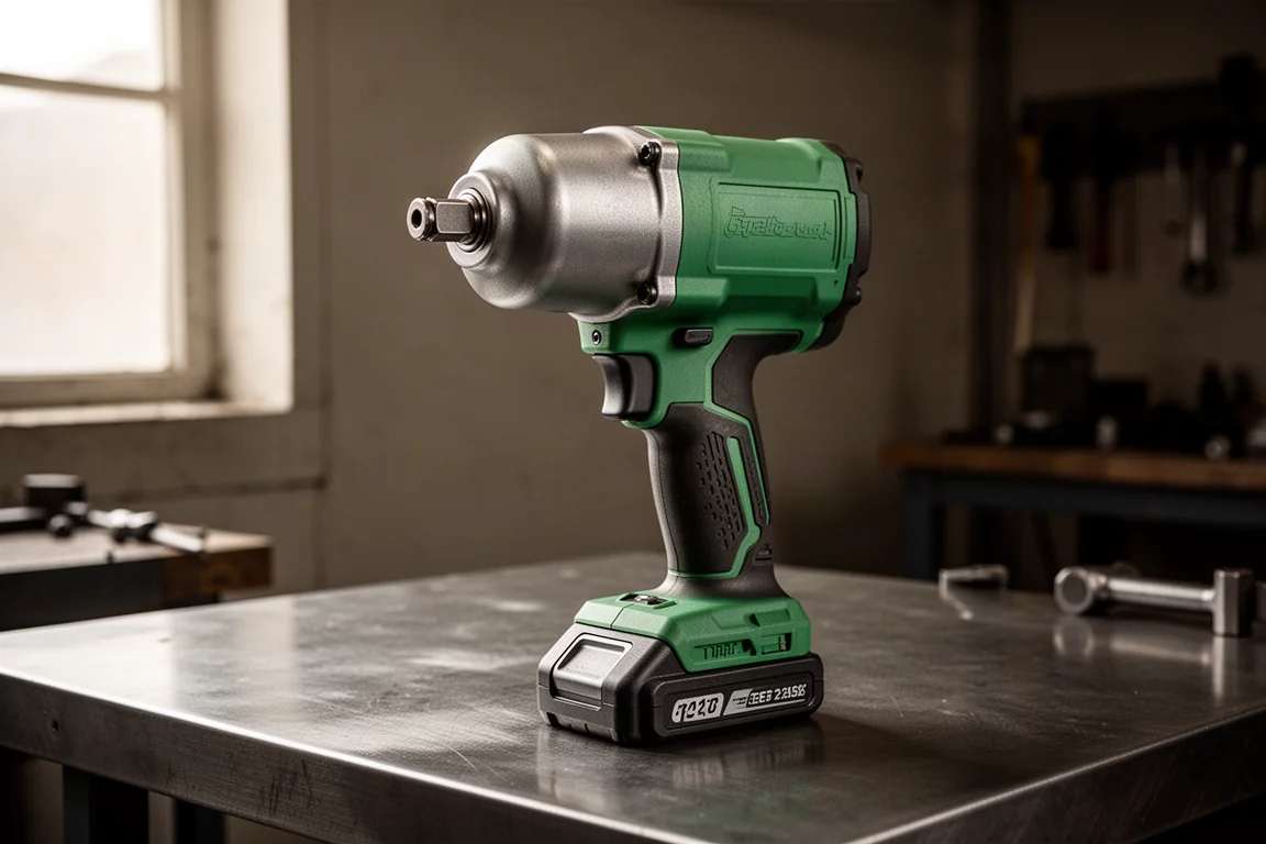 Green half-inch impact wrench standing upright on a workshop bench