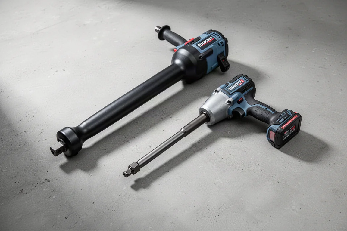Two half-inch impact wrenches side by side on concrete showing size difference