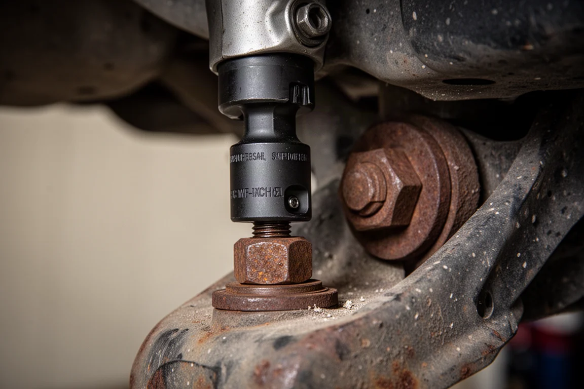 Impact wrench socket breaking loose a large rusted automotive bolt