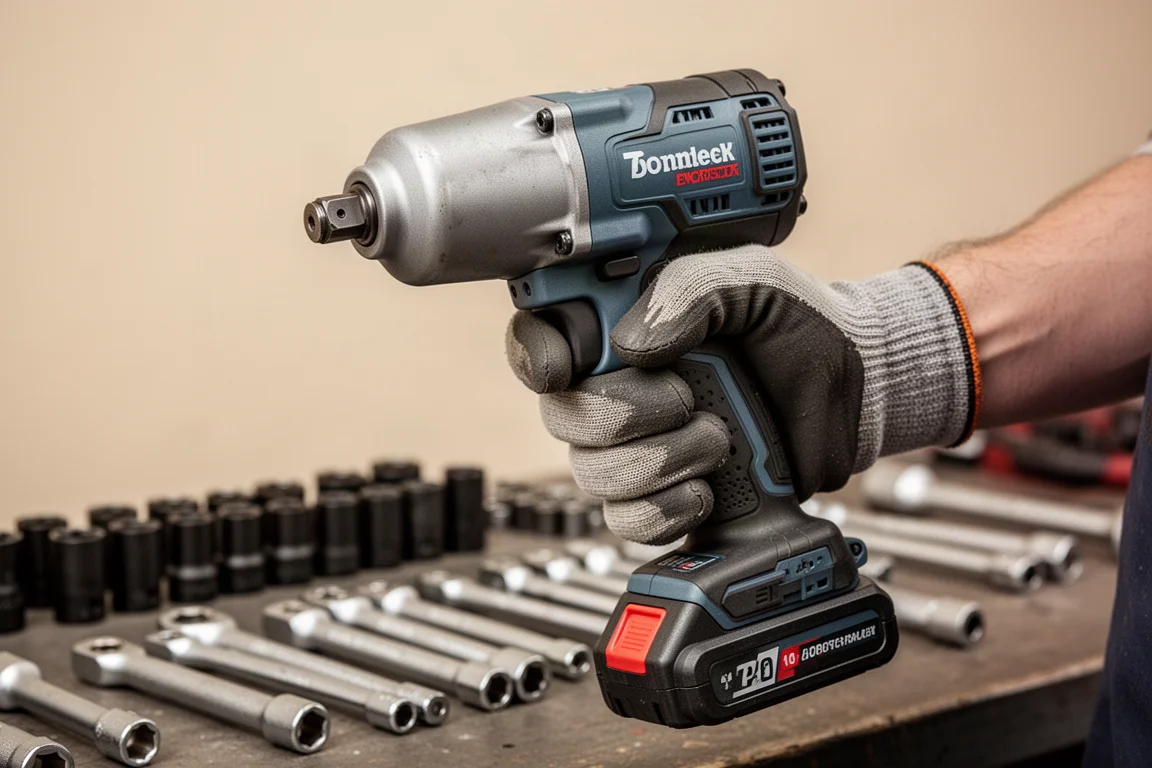 Mechanic's gloved hands gripping a heavy impact wrench over a workbench