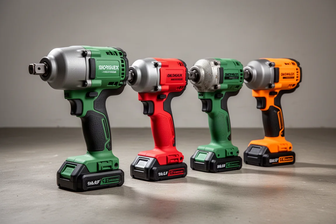 Vier half-inch high torque slagmoersleutels in groen, rood en oranje op een betonnen vloer