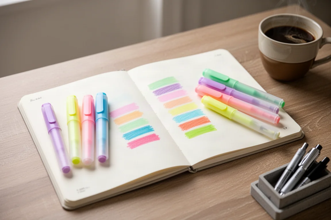 Sessione di test di evidenziatrici su una scrivania con appunti contrassegnati in colori diversi