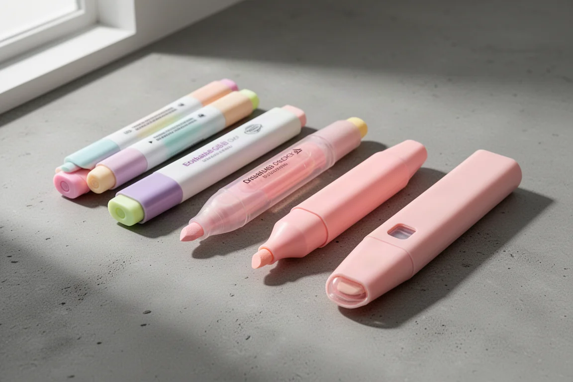 Eight assorted highlighters in pastel and bright colors arranged on a neutral surface