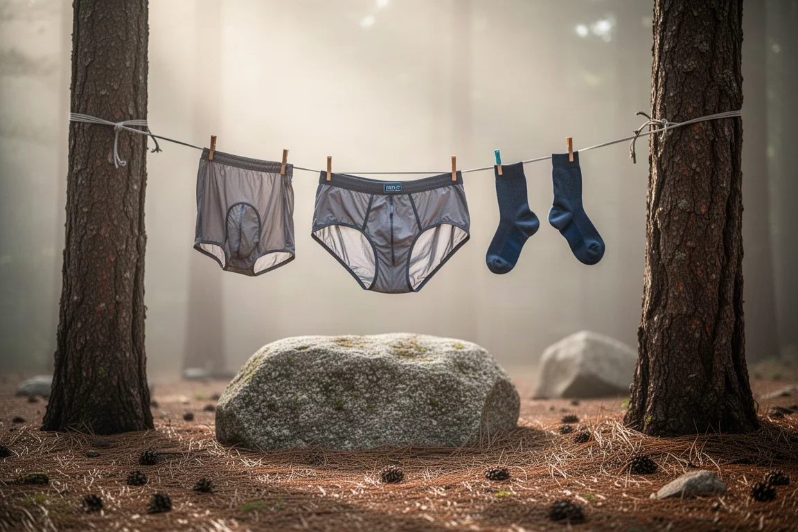 Roupa íntima leve para caminhadas secando no varal em um acampamento na floresta