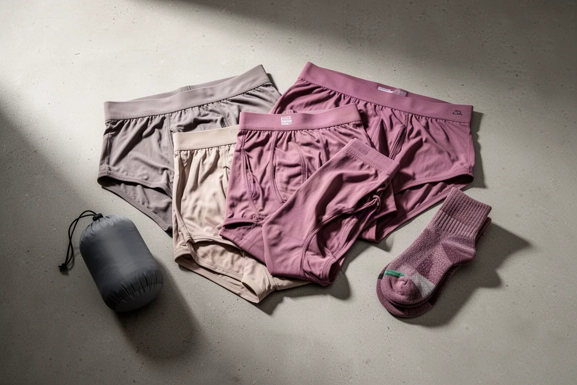 Five folded pairs of hiking underwear arranged on a concrete surface with a stuff sack