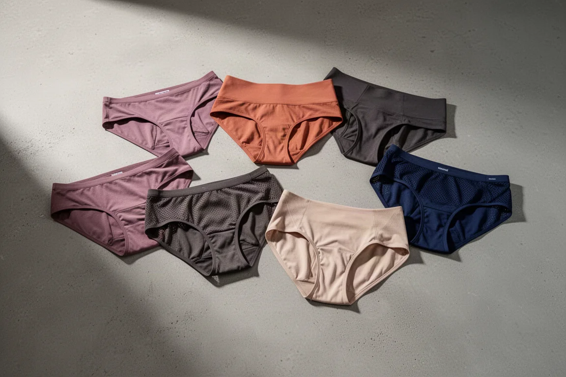 Five pairs of women's hiking underwear arranged on a concrete surface in neutral tones