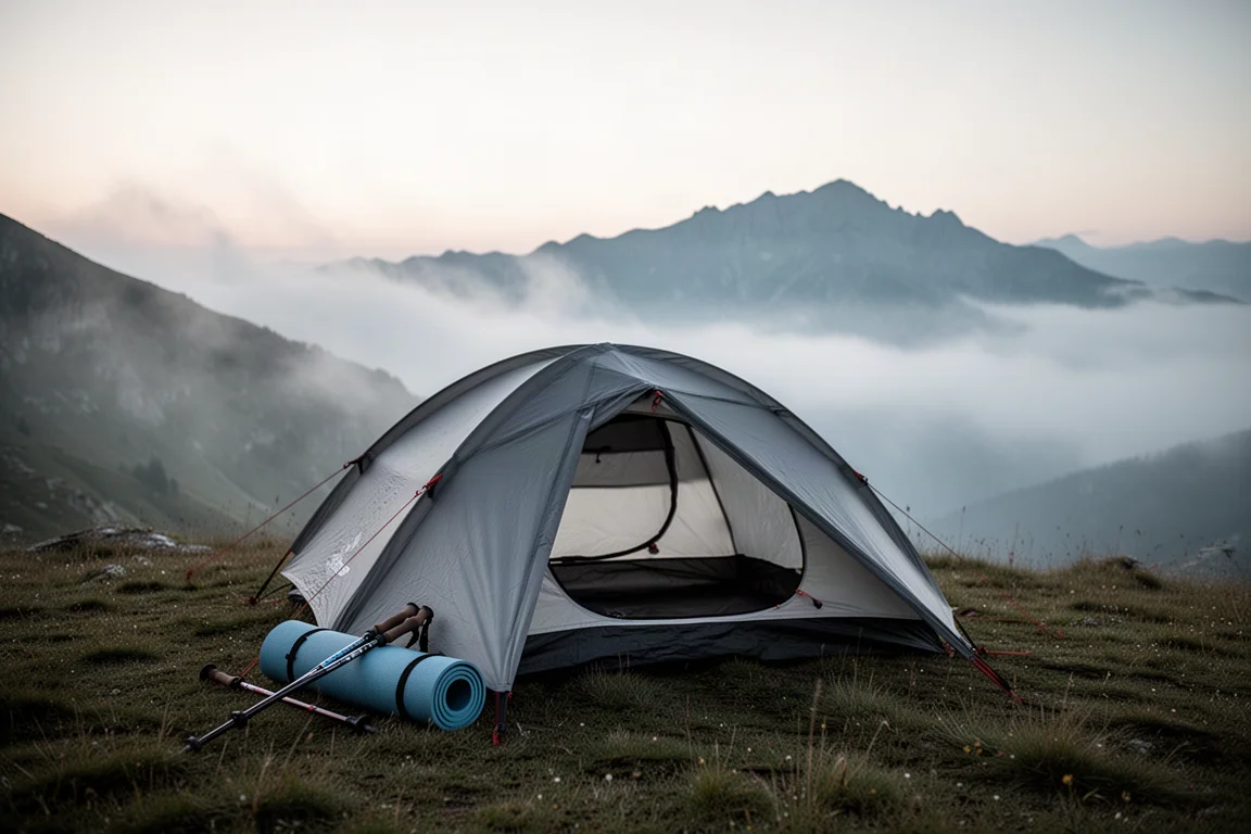 Tält uppslaget vid en dimmig alpincamping i gryningsljuset med vandringsutrustning i närheten