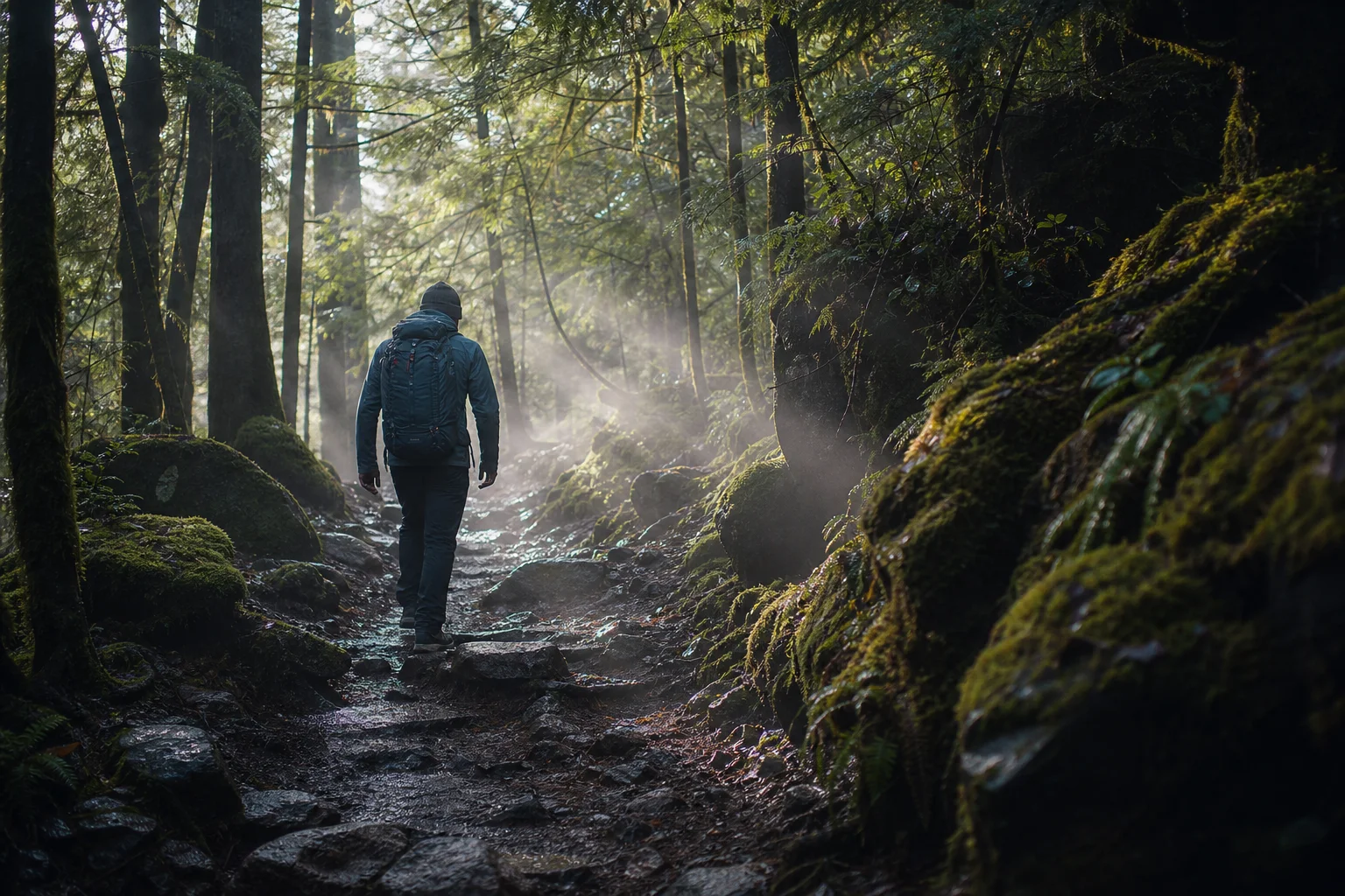 Hiker on a muddy forest trail with wet conditions