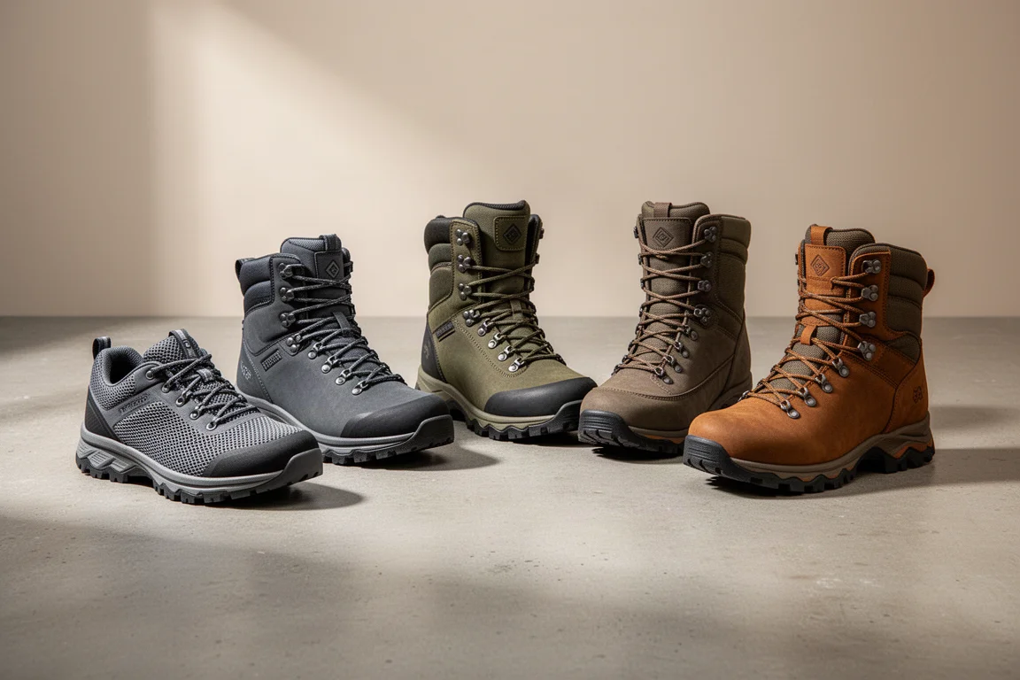 Sei scarpe da trekking di diverse altezze disposte su una superficie di cemento in una luce da studio soffusa