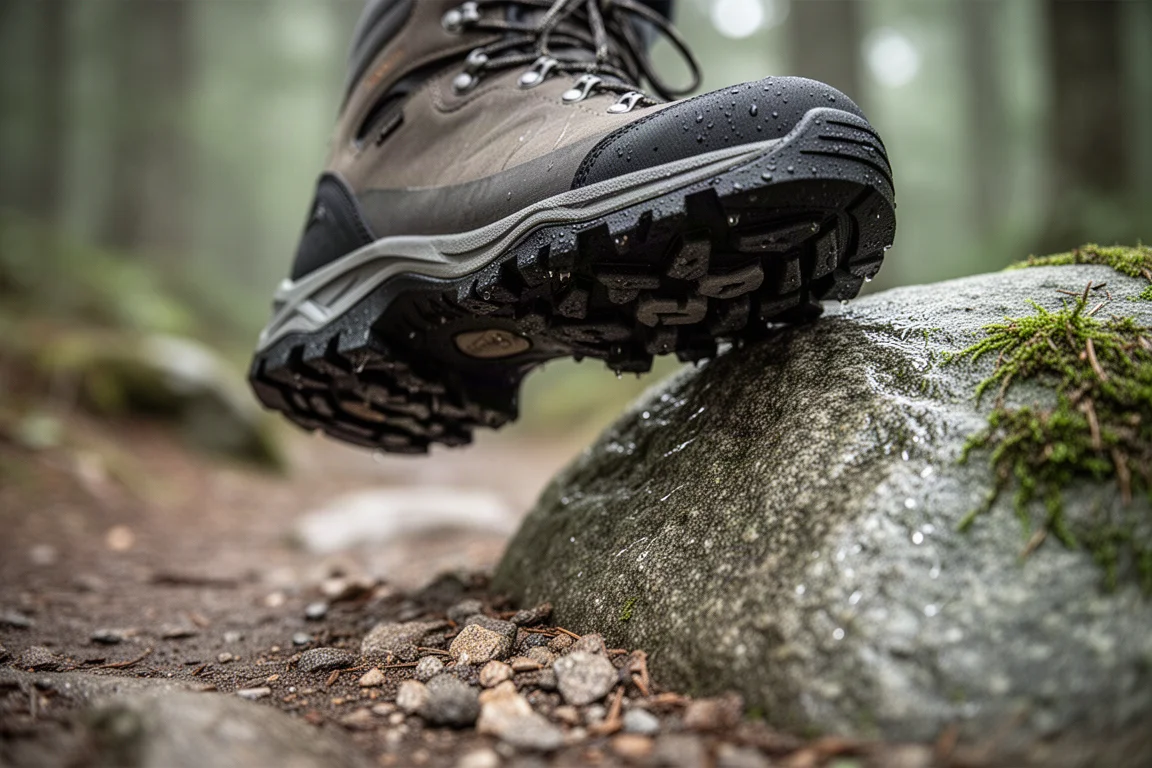Zool van een wandelschoen die buigt over de rand van een natte rots op een bospad