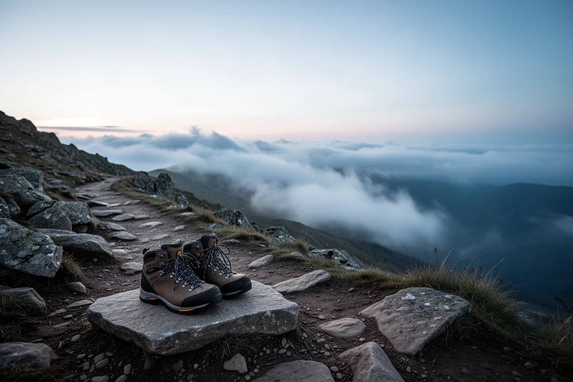 Wandelschoenen neergezet op een platte steen op een rotsachtig bergpad bij schemering