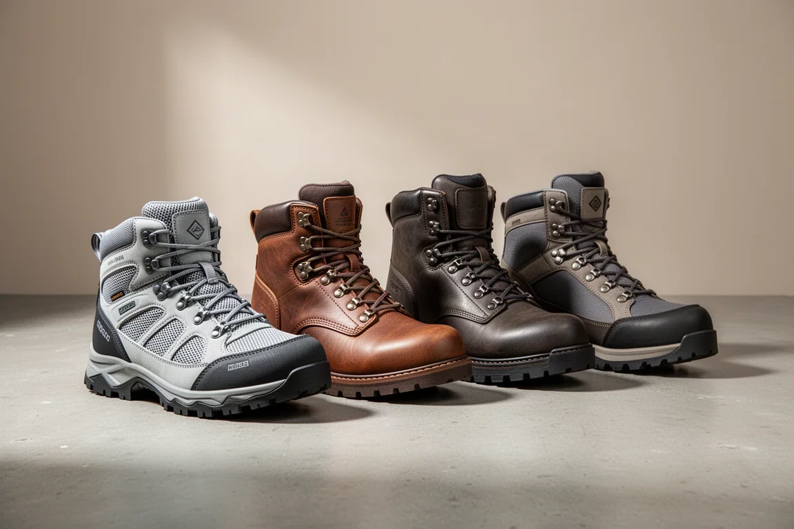 Four hiking boots arranged in a row on a matte concrete surface