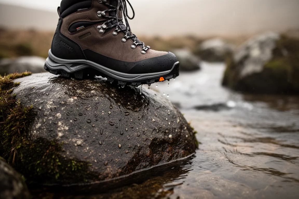Semelle de chaussure de randonnée posée sur une roche sombre humide au bord d'un ruisseau peu profond