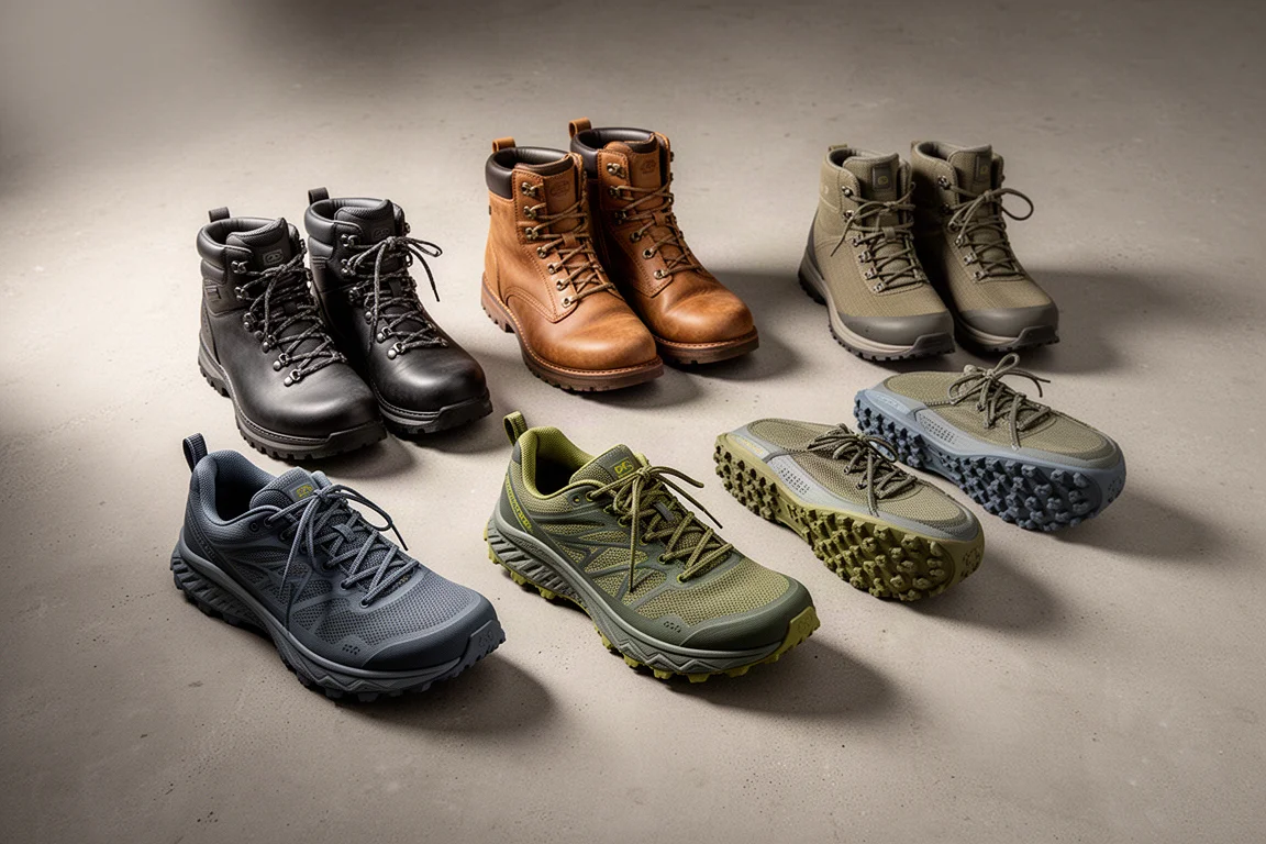 Seven pairs of hiking boots and trail running shoes arranged on a concrete surface