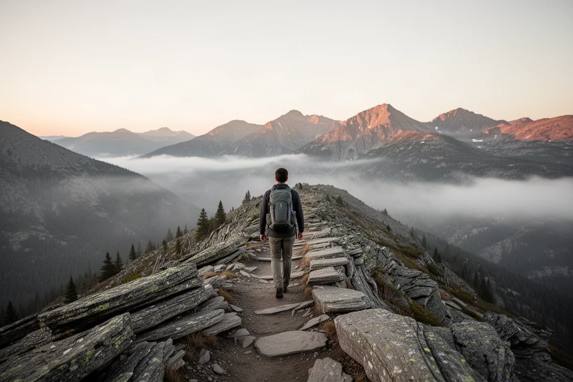 Hiker walking a rocky ridge trail at sunrise, seen from behind with a small daypack