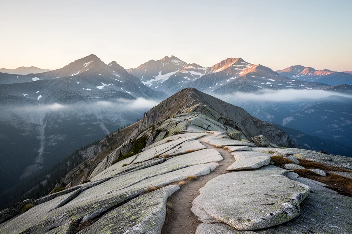 High alpine ridge with a faint single-track trail crossing granite slabs at first light