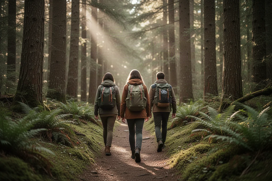 Three hikers walking in single file along a forested trail in afternoon light