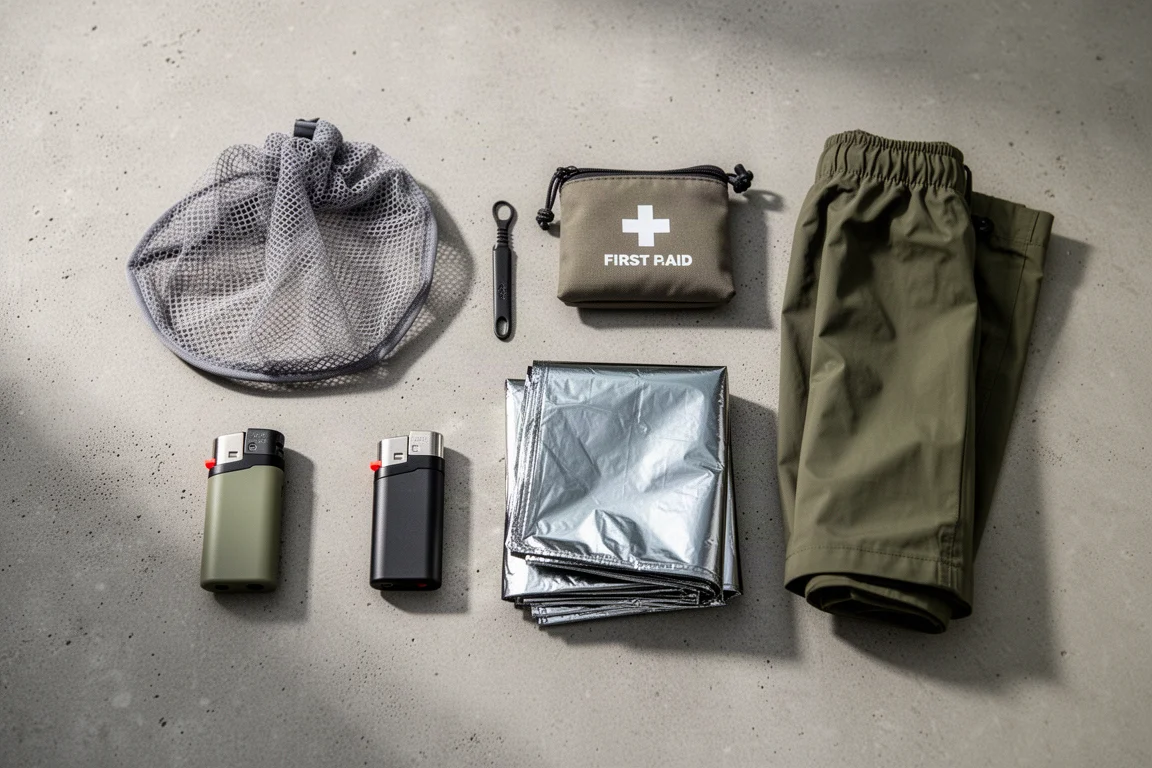 Overhead flat lay of small trail essentials on a concrete surface