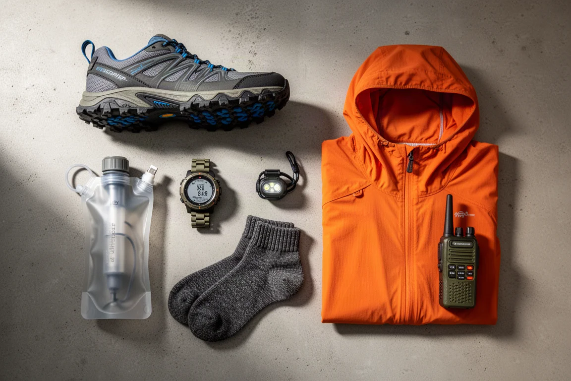 Attrezzatura da escursionismo disposta su una superficie piana: scarpa da trail, filtro per l'acqua, orologio GPS, torcia frontale, felpa arancione, calze e radio