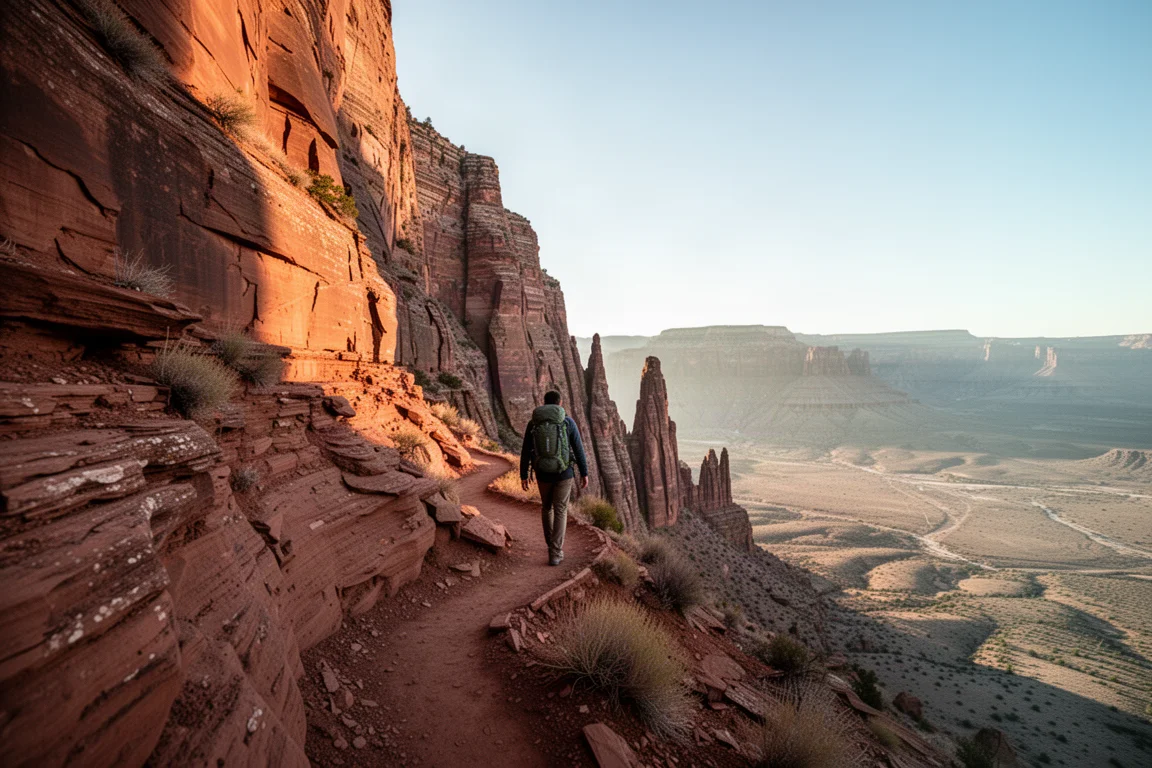 Wanderer beim Aufstieg auf einem Serpentinenweg an einer Canyonwand unter klarem Himmel