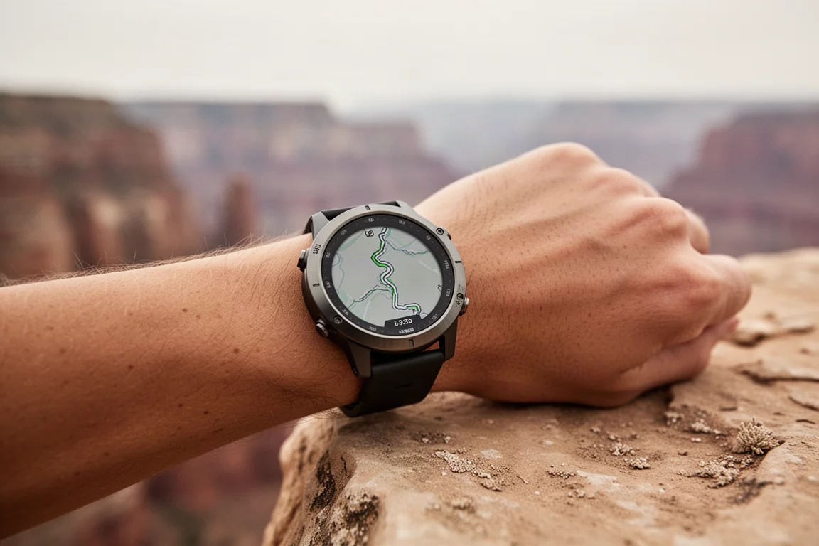 Multisport-Uhr am Handgelenk mit Routenlinie auf einem Trail